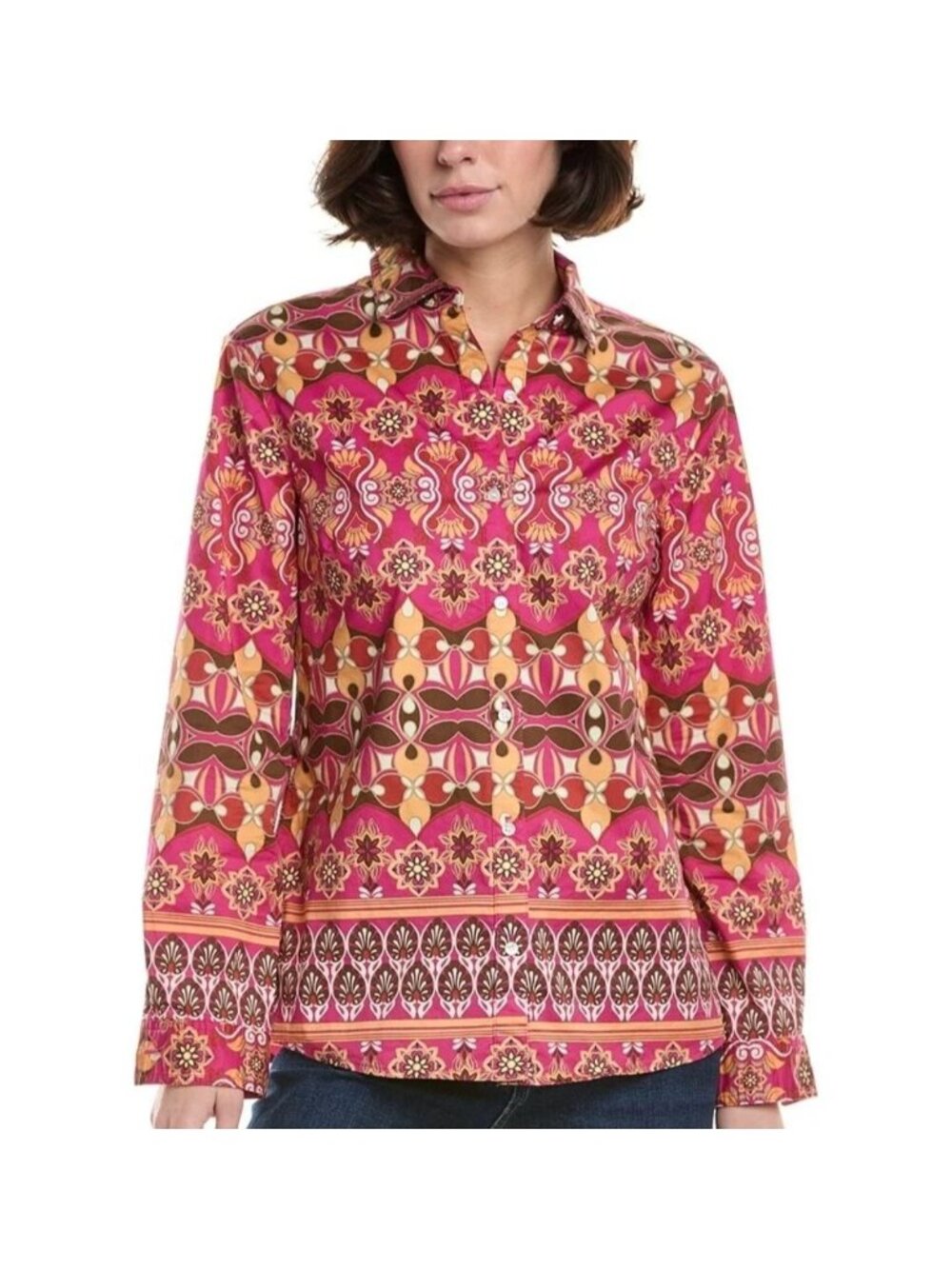 J. McLaughlin Lois Blouse Pink Brown boho shirt Print size Large Button front